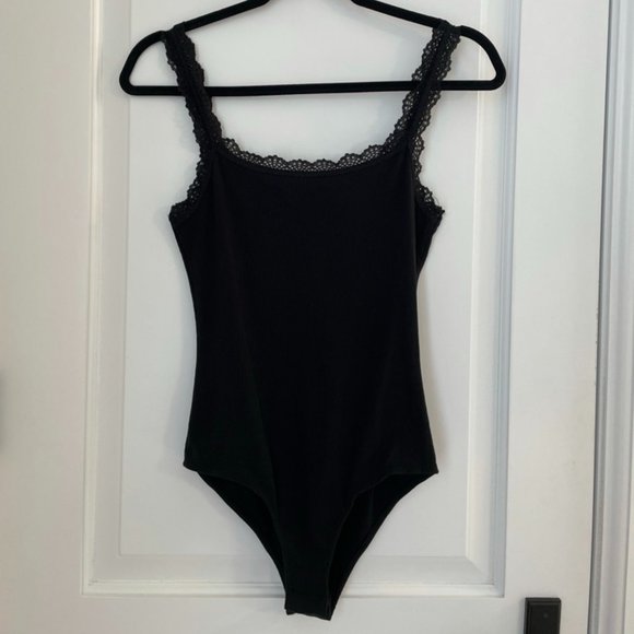 Black Bodysuit with Lace Neckline - Picture 1 of 6